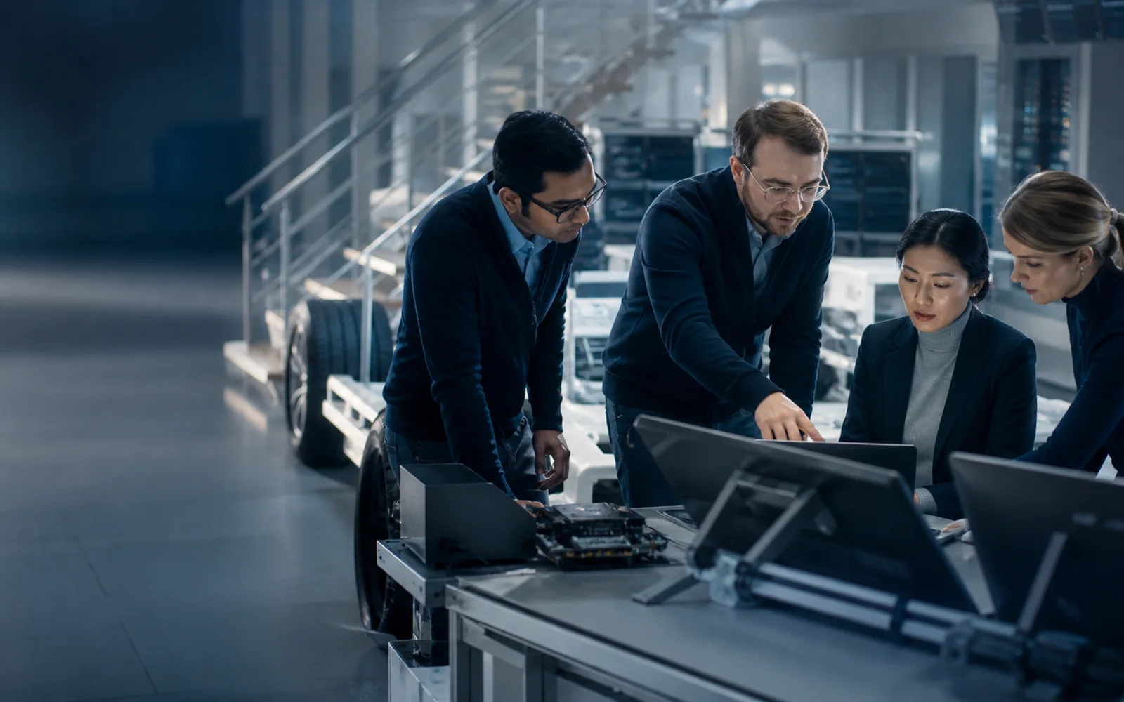 Automotive technology professionals collaborating in a modern testing facility